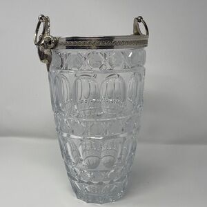 Glass champagne bucket. Oval & cross hatch detail with guilt metal ram handle